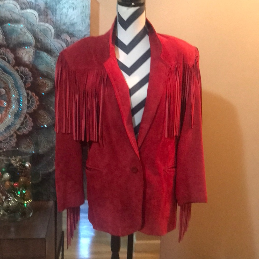 Vintage red suede fringe jacket